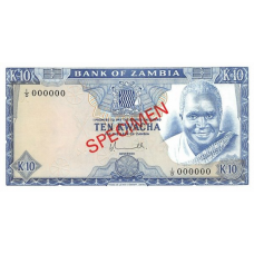 P22S Zambia - 10 Kwacha Year ND (1976) (Specimen)